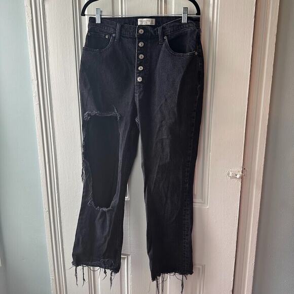 Abercrombie & Fitch Jeans Womens 31/12L Black High Rise Distressed Kick Flare - Picture 1 of 6